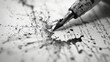 A pen is writing on a piece of paper with black ink. The ink is splattered all over the paper, creating a messy and chaotic appearance. Concept of urgency or haste