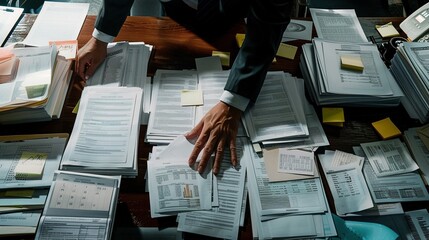 Wall Mural - An office desk cluttered with document reports, with a businessman's hand reaching for one