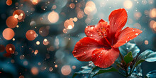 A Vibrant Red Hibiscus Flower, Glistening With Water Droplets, Takes Center Stage Against A Sparkling Bokeh Backdrop