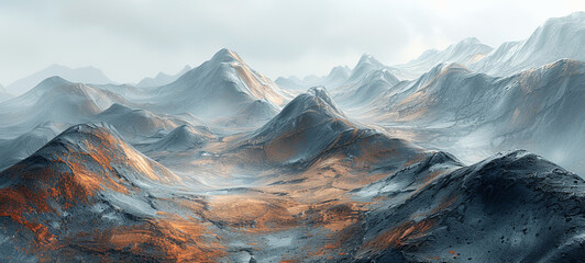 Wall Mural - Dramatic landscape of rugged, shadowed mountains with patches of illuminated terrain under a cloudy sky.