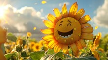 A Cartoon Sunflower With A Big Smile On Its Face. The Sunflower Is Surrounded By Many Other Sunflowers In A Field. Scene Is Cheerful And Happy