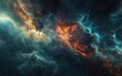 A captivating high-resolution image showcasing a cosmic nebula with a blend of fiery orange, cool blues, and speckles of stars, illustrating the beauty and vastness of space