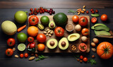 Fototapeta Do akwarium - Table with different fruits and vegetables, tomatoes, avocado, salads