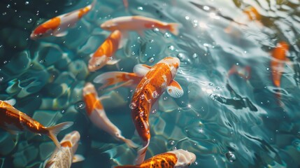 Wall Mural - A group of orange and white fish swimming in a body of water