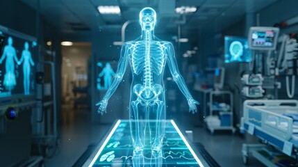 Wall Mural - A man's skeleton is projected on a screen in a hospital room. The skeleton is surrounded by medical equipment, including a heart monitor and a blood pressure monitor. The room is brightly lit