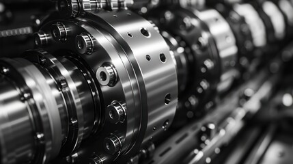 Poster - close-up of metal mechanical components with a focus on their shiny surfaces and complex structure