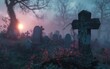 A serene yet eerie scene of a mist-covered graveyard as the sun sets, with focus on an aged stone cross entwined with vines