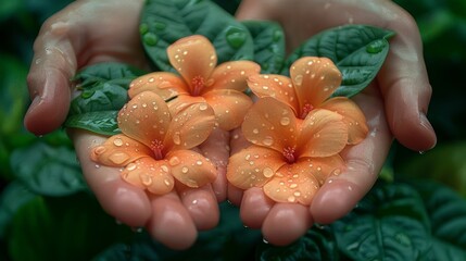 Wall Mural -  A hand holding three orange flowers, dripping with water, and surrounded by green leaves