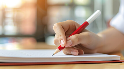 Sticker - student is writing an exam in a classroom setting.