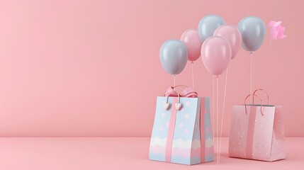 Wall Mural - Gift box shopping bag and balloons on pastel pink background