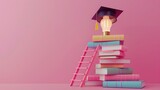Fototapeta  - heap of books for studying and ladder leading to bulb in graduation cap for concept of education and university degree against isolated pink background