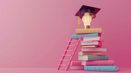 heap of books for studying and ladder leading to bulb in graduation cap for concept of education and university degree against isolated pink background