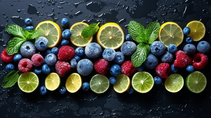Wall Mural -  Berries, Lemons, Blueberries, Raspberries, Limes & Mint on Black Background
