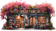 Bookstore building with a blooming tree, spring street watercolor illustration