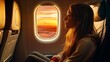 A woman is sitting in an airplane window, looking out at the sunset