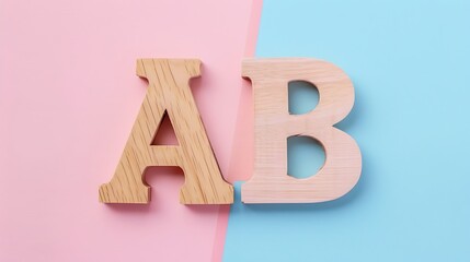 Wall Mural - Letter AB together in wood on Pink and blue combination background