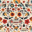 © PanArt - Day of The Dead colorful sugar skull with floral ornament and flower seamless pattern