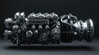 A 3D render of a sophisticated car engine showcasing intricate details and mechanical complexity, radiating power and innovation on a sleek black backdrop