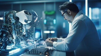 Poster - An electronics engineer is a man working on a prototype of a bionic exoskeleton, a robot in the Laboratory of Robotics, Computer Research.