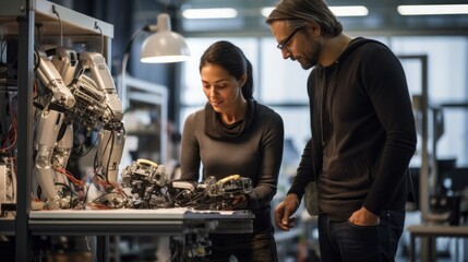 Poster - Young intelligent female and male Engineers, scientists are working on a prototype of a bionic exoskeleton, a robot in the Robotics Laboratory.