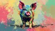  A vibrant depiction of a pig adorned with splattered colors on its visage and ears, set against a vivid backdrop