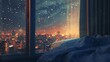 Artistic interpretation of a citydwellers dream to see a clear, starfilled sky from their window, despite the surrounding glow no dust
