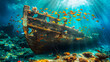 Skeleton of ancient ship lies on sandy bottom of sea. Result of an old tragedy. Colorful fish swim around ship. Blue water, algae, corals, rays of sun through water illuminate remains of an old ship.