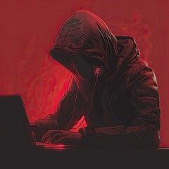 Aufkleber - Hacker with a hoodie sits in a dark room, typing malicious code on a computer committing cybercrime 