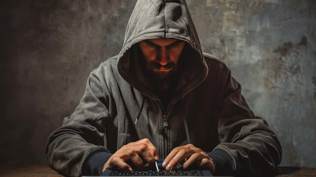 Hacker with a hoodie sits in a dark room, typing malicious code on a computer committing cybercrime 