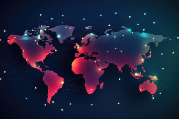 Wall Mural - A colorful globe with many points of light is displayed on a dark background. The globe is surrounded by a network of lines, which represent the connections between different countries and regions