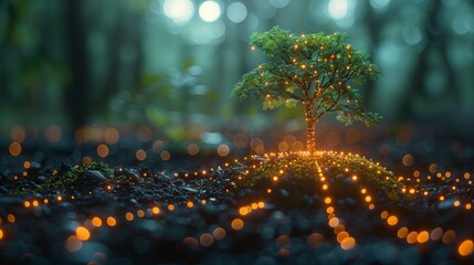 Aufkleber - Enchanted Sapling Glowing With Bioluminescence in a Twilight Forest