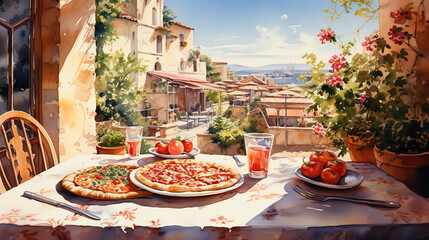 Wall Mural - Italian pizzeria terrace in sunshine with pizza on table, dreamy watercolor