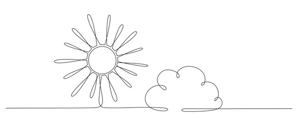 sun and cloud - hand drawing one single continuous line banner. vector stock illustration isolated o