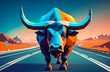 Illustration of a ferocious bull on the highway