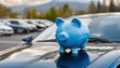 Piggy bank on car hood, vehicle purchase, insurance or driving and motoring cost. Money box on new car. Dealership offering credit. Automobile financing concept