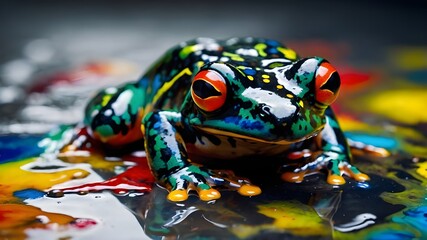 Wall Mural - frog on a leaf. a colorful frog sitting on top of a puddle of paint