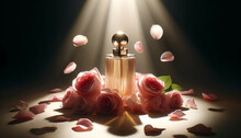 A Luxurious Perfume Bottle Illuminated By Spotlight, Encircled By Soft Pink Rose Petals, Creating An Intimate And Sensual Atmosphere.