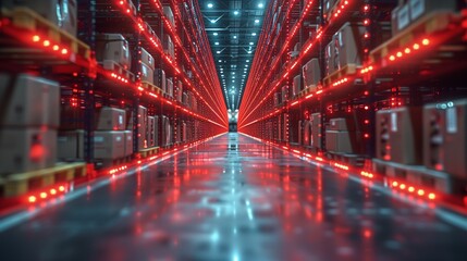 Leinwandbilder - Futuristic Data Center Hallway Illuminated by Red Lights