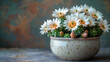 Beautiful blooming cactus with white flowers in ceramic pot on wooden table