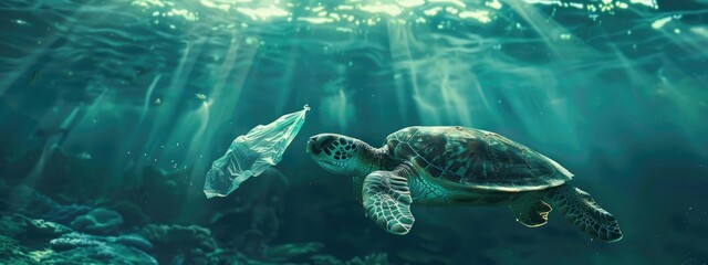 Wall Mural - A solitary turtle in the ocean depths with plastic bag, symbol of the pervasive plastic pollution threatening marine life