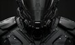 A detailed image showcasing the intricate design and sophistication of a black robotic armor with a focus on its symmetry and modern technology