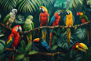tropical jungle animals with birds. parrots, toucans, and palm trees. jungle wallpaper for kids' roo