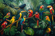 Tropical Jungle Animals with Birds. Parrots, Toucans, and Palm Trees. Jungle wallpaper for kids' room, interior design. mural