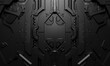 A detailed image showcasing a symmetrical, futuristic black armor design with intricate patterns and a robust, metallic texture