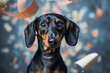 A dachshund looks directly at the camera, surrounded by a flurry of colorful confetti and sheets of paper. The festive atmosphere suggests a celebration in full swing.