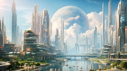 Canvas Print - Futuristic city with skyscrapers, buildings and blue sky, AI Generated