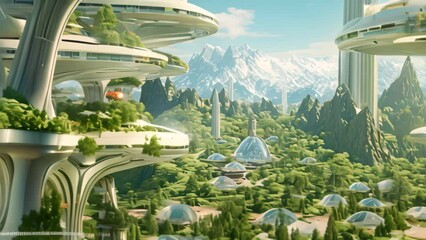 Sticker - 3D rendering of a futuristic city in the sky with trees and bushes, AI Generated