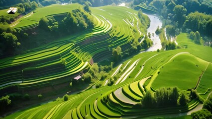 Sticker - Aerial view of green rice terraces in Mu Cang Chai, YenBai, Vietnam, AI Generated