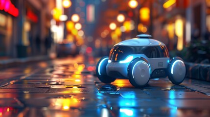 Aufkleber - Autonomous Robot Navigates Wet Urban Street at Twilight