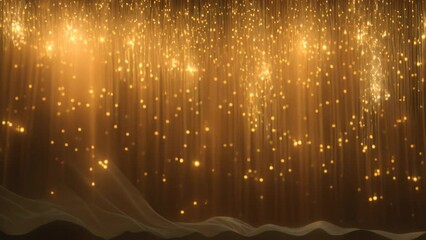 Poster - Golden glittering lights on a black background. Christmas and New Year background, A cascade of shimmering gold glitter catching the light against a midnight black backdrop, AI Generated